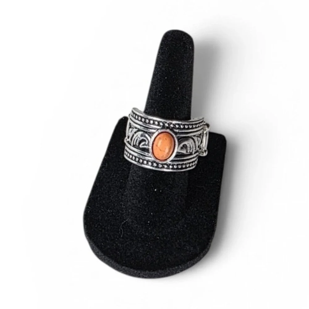 Vintage Adjustable orange Coral Indie ring featuring textured silver Band Sz 8.5
